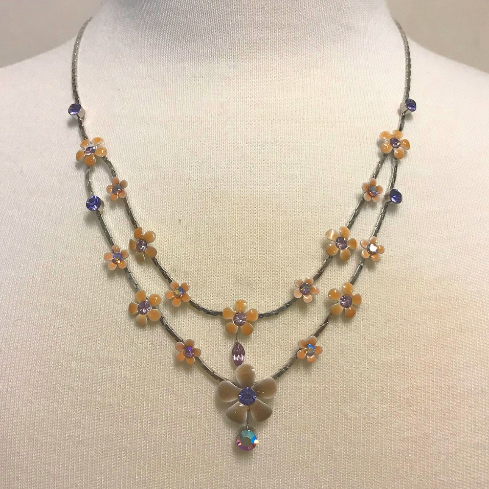 Vintage Shiny Dual Necklace with Flowers NWOT
